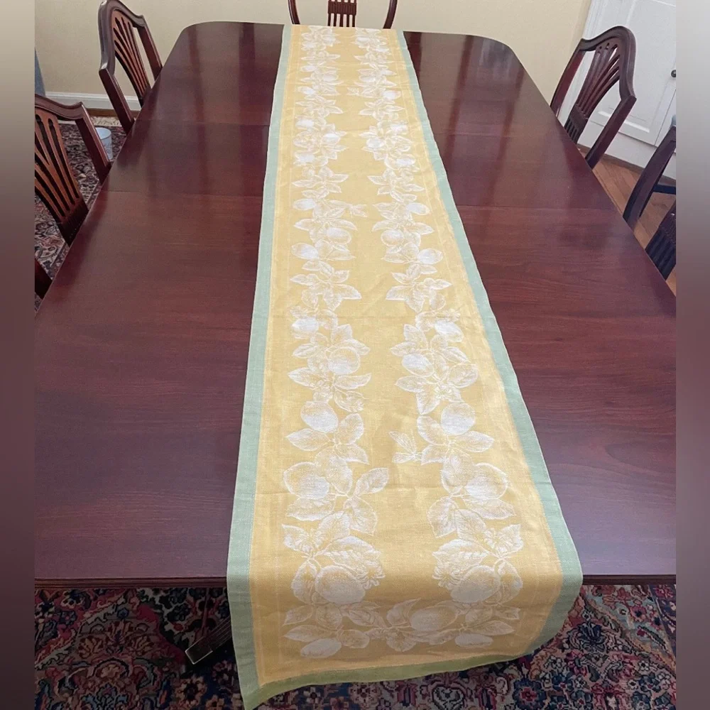 WILLIAMS SONOMA Jacquard Linen Runner Fruit Citrus Lemons Yellow Green 15x103
